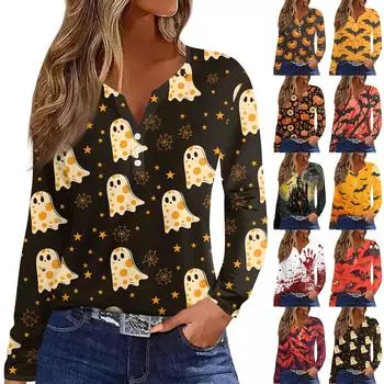 Женская мода, повседневный топ с цветочным принтом на Хэллоуин, V-образным вырезом, длинными рукавами и пуговицами, топ с длинными рукавами XXXL