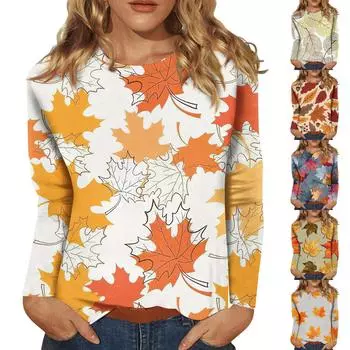 Женская мода повседневный топ с длинным рукавом с цветочным принтом и круглым вырезом M