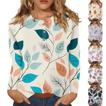 Женская мода, повседневный топ с длинным рукавом и принтом на пуговицах и круглым вырезом XXXL