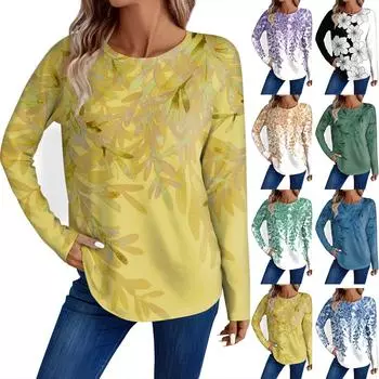 Женская мода повседневный топ с длинным рукавом с цветочным принтом и круглым вырезом L темно-фиолетового