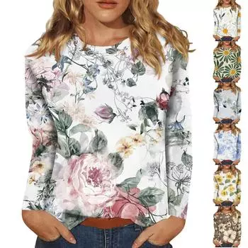 Женская мода повседневный топ с длинным рукавом с цветочным принтом и круглым вырезом L