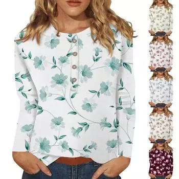 Женская мода повседневный топ с длинным рукавом и цветочным принтом на пуговицах и круглым вырезом L