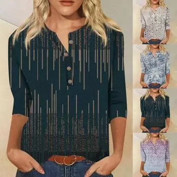 Женская мода, повседневный топ с длинным рукавом, семь частей, пуговицы, воротник с принтом в стиле ретро M чёрный