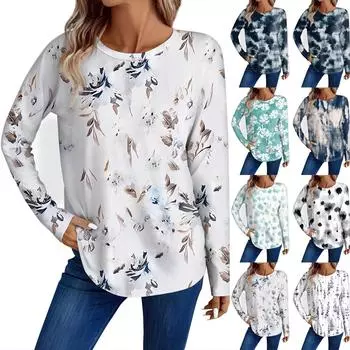 Женская мода повседневный топ с длинным рукавом с цветочным принтом и круглым вырезом L темно-фиолетового