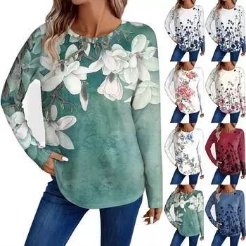 Женская мода повседневный топ с длинным рукавом с цветочным принтом и круглым вырезом L темно-фиолетового
