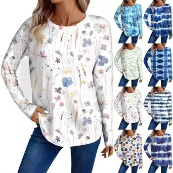 Женская мода повседневный топ с длинным рукавом с цветочным принтом и круглым вырезом L темно-фиолетового