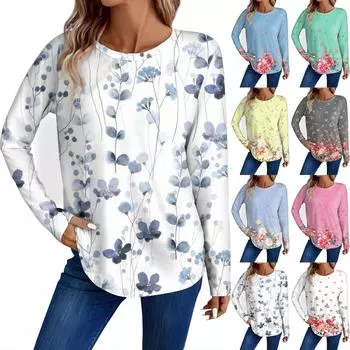 Женская мода повседневный топ с длинным рукавом с цветочным принтом и круглым вырезом L темно-фиолетового