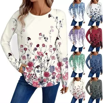 Женская мода повседневный топ с длинным рукавом с цветочным принтом и круглым вырезом S фиолетовый