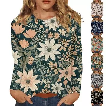 Женская мода повседневный топ с длинным рукавом и цветочным принтом на пуговицах и круглым вырезом XXXXXL