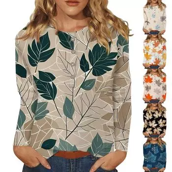 Женская мода, повседневный топ с длинным рукавом и принтом на пуговицах и круглым вырезом M шафрановый