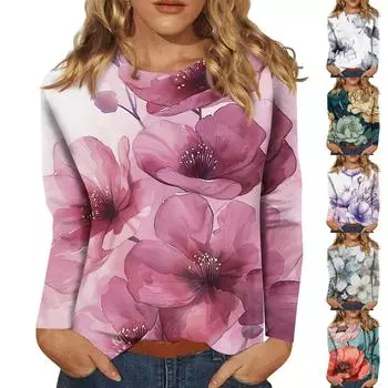 Женская мода повседневный топ с длинным рукавом и круглым вырезом с цветочным принтом XXL серый