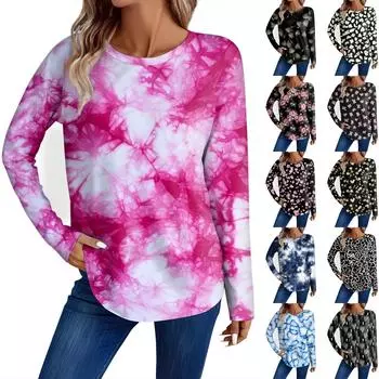 Женская мода повседневный топ с длинным рукавом с цветочным принтом и круглым вырезом L синий