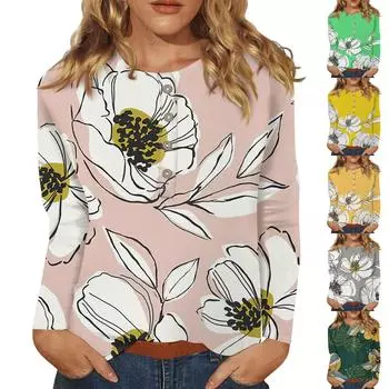 Женская мода повседневный топ с длинным рукавом и цветочным принтом на пуговицах и круглым вырезом XXXXL жёлтый