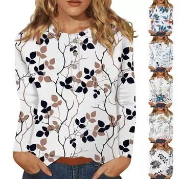 Женская мода, повседневный топ с длинным рукавом и принтом на пуговицах и круглым вырезом XXXL синий