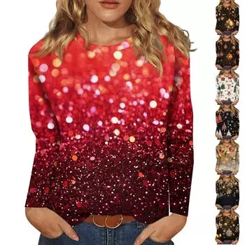 Женская мода повседневный топ с длинным рукавом с рождественским принтом и круглым вырезом XXXXXL белый