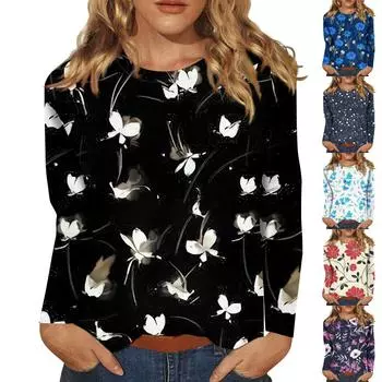 Женская мода повседневный топ с длинным рукавом и круглым вырезом с цветочным принтом XXXL чёрный