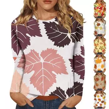 Женская мода повседневный топ с длинным рукавом с цветочным принтом и круглым вырезом XL жёлтый