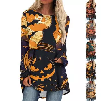 Женская мода повседневный топ с длинным рукавом и принтом на Хэллоуин с круглым вырезом L чёрный