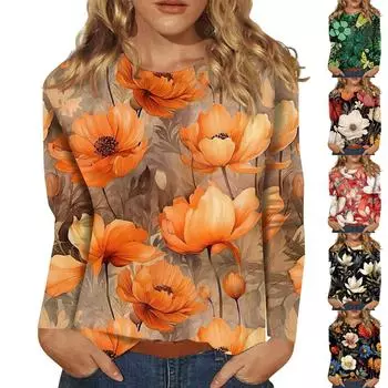Женская мода повседневный топ с длинным рукавом и круглым вырезом с цветочным принтом XL чёрный