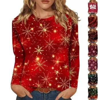 Женская мода повседневный топ с длинным рукавом с рождественским принтом и круглым вырезом S