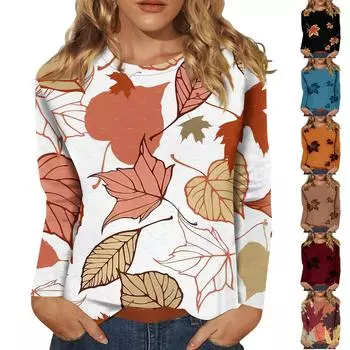 Женская мода повседневный топ с длинным рукавом с цветочным принтом и круглым вырезом XXXL шафрановый