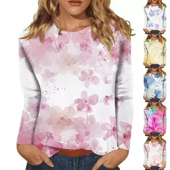 Женская мода повседневный топ с длинным рукавом и круглым вырезом с цветочным принтом M зелёный