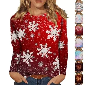 Женская мода повседневный топ с длинным рукавом с рождественским принтом и круглым вырезом XXXL