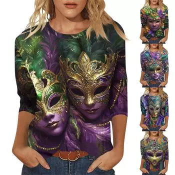 Женская мода повседневный топ с длинным рукавом и круглым вырезом с цветочным принтом XXXL