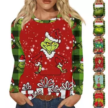 Женская мода повседневный топ с длинным рукавом с рождественским принтом и круглым вырезом XL зелёный