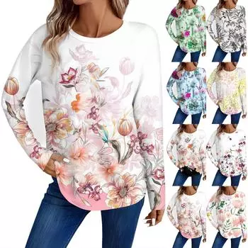 Женская мода повседневный топ с длинным рукавом с цветочным принтом и круглым вырезом S розовый