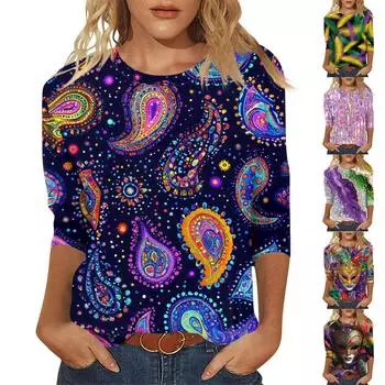 Женская мода повседневный топ с длинным рукавом и круглым вырезом с цветочным принтом L