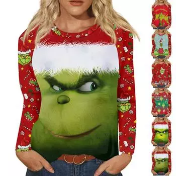 Женская мода повседневный топ с длинным рукавом с рождественским принтом и круглым вырезом S