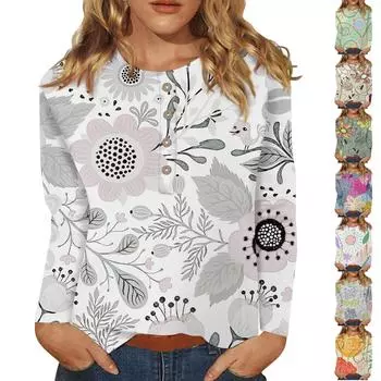 Женская мода повседневный топ с длинным рукавом и цветочным принтом на пуговицах и круглым вырезом L фиолетовый