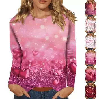 Женская мода повседневный топ с длинным рукавом и круглым вырезом с цветочным принтом L горячий розовый