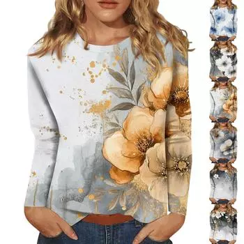 Женская мода повседневный топ с длинным рукавом и круглым вырезом с цветочным принтом L горячий розовый