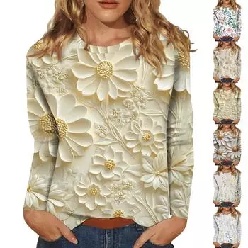 Женская мода повседневный топ с длинным рукавом и круглым вырезом с цветочным принтом L горячий розовый