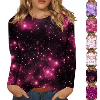 Женская мода повседневный топ с длинным рукавом и круглым вырезом с цветочным принтом L горячий розовый