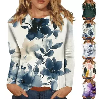 Женская мода повседневный топ с длинным рукавом и круглым вырезом с цветочным принтом L горячий розовый