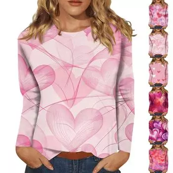 Женская мода повседневный топ с длинным рукавом и круглым вырезом с цветочным принтом L горячий розовый