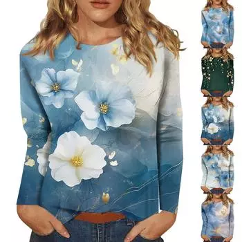 Женская мода повседневный топ с длинным рукавом и круглым вырезом с цветочным принтом L горячий розовый
