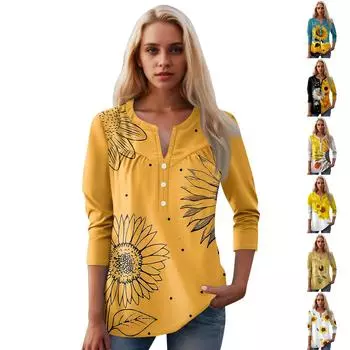 Женская мода повседневный топ с длинным рукавом и круглым вырезом с цветочным принтом L