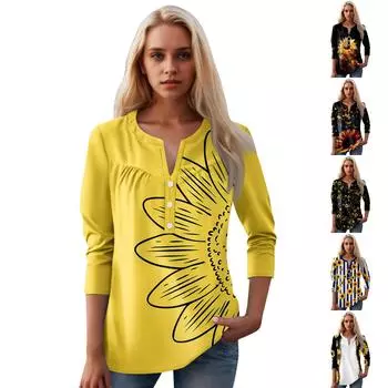 Женская мода повседневный топ с длинным рукавом и круглым вырезом с цветочным принтом S