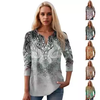 Женская мода повседневный топ с длинным рукавом и круглым вырезом с цветочным принтом L циан