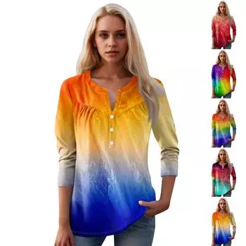 Женская мода повседневный топ с длинным рукавом и круглым вырезом с цветочным принтом L оранжевый