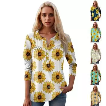 Женская мода повседневный топ с длинным рукавом и круглым вырезом с цветочным принтом L
