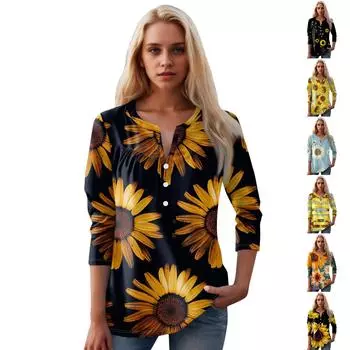 Женская мода повседневный топ с длинным рукавом и круглым вырезом с цветочным принтом XXXL