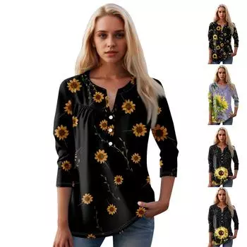 Женская мода повседневный топ с длинным рукавом и круглым вырезом с цветочным принтом L