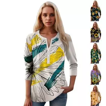 Женская мода повседневный топ с длинным рукавом и круглым вырезом с цветочным принтом L чёрный