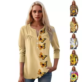 Женская мода повседневный топ с длинным рукавом и круглым вырезом с цветочным принтом XXL шафрановый