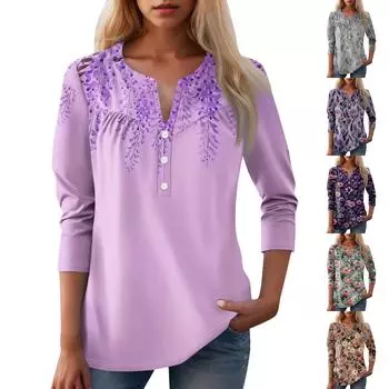Женская мода повседневный топ с длинным рукавом и круглым вырезом с цветочным принтом L темно-фиолетового